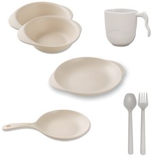 Attihome All The Plate 單人餐具7件組 (奶油色), 1組, 圓盤 + 把手盤 + 2個圓碗 + 馬克杯 + 湯匙 + 叉子, 乳霜