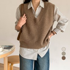 무드인더 여성용 브이넥 루즈핏 무지 니트 조끼