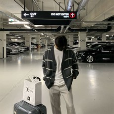 男士時尚潮流半開衩格紋圖案長袖寬鬆版型開襟衫