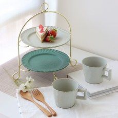 JUST HOME 沐境手感陶瓷下午茶蛋糕盤及馬克杯5件組 5733-20B, 白色/綠色, 馬克杯 2個 + 平盤 2個 + 盤架 1個, 1組