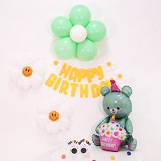 PARTYSHOW 生日派對雛菊花朵氣球生日掛旗小熊套組, 1套, 薄荷綠杯小熊