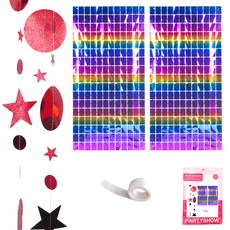 파티쇼 달과별파티 가랜드 메탈레드 + 커튼 블럭레인보우스타 2P + 글루닷 세트, 혼합색상, 1세트