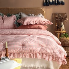 格紋荷葉邊造型奈米纖維四季被, 粉色