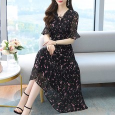 LUNA GIRL Abel 花朵雪紡洋裝 含大尺碼, 黑色