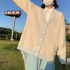 루나글램 임산부 레트로 블록 체크 니트 가디건