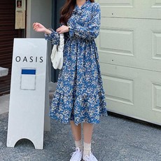 페이퍼먼츠 여성 스카프 카라넥 프릴 플라워 롱 원피스 13638