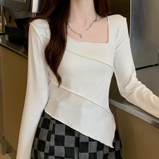 마켓에이 여성용 유니크 넥 언발 티셔츠