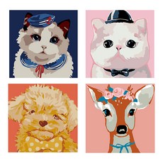 DIY油畫 4件組 20 x 20 cm, 海軍藍貓, 領結貓, 毛茸茸小狗, 花環鹿, 1個