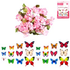 PARTYSHOW 仿真櫻花掛飾 1.8m + DIY 蝴蝶裝飾 12款 x 2入 組, 1套, 粉紅色(掛飾), 混色(蝴蝶裝飾)