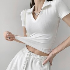 아이엠몽 여성용 고티 반팔 V넥 카라 골지 슬림핏 티셔츠