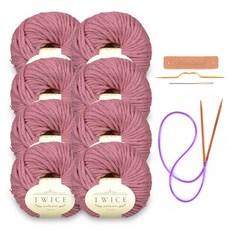 미소털실 트와이즈 뜨개실 8p + 가죽라벨 + 바늘 패키지 세트, 1세트, 403 핑크