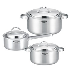 Kitchen-Art IH電磁爐適用優質3層鍋具 3入組, 單柄湯鍋16cm+雙耳湯鍋20cm+雙耳湯鍋24cm, 單色