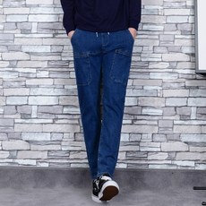 Townclo 男性 J型鬆緊腰帶口袋開衩牛仔褲