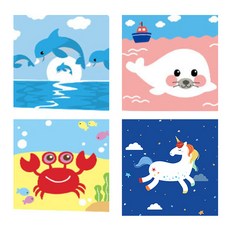DIY油畫 4件組 20 x 20 cm, 藍色海豚, 小海豹, 小螃蟹, 彩虹獨角獸, 1個