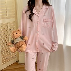 안나앤코 여성용 체리라인 실크 긴팔 파자마 상하의 세트