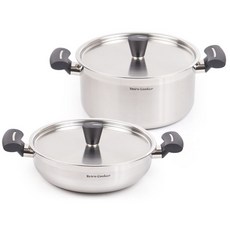 Kitchen-Art 電磁爐適用Retro Cooker系列不鏽鋼鍋具 2入組, 金屬 黑色, 雙耳湯鍋24cm(附鍋蓋)+雙耳淺湯鍋24cm(附鍋蓋)