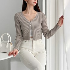 Tteugaejin 女款嫘縈羅紋短版魅力針織開襟衫