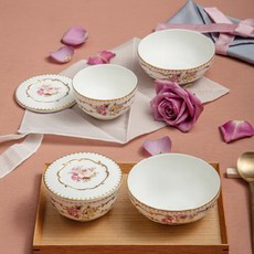 LIHAN 玫瑰單人碗組 4件組, 混色, 飯碗 2入+大碗 2入+蓋子2入, 1組