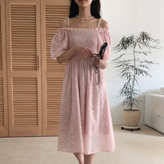 MerryRosy 短袖珍珠泡泡袖露肩連身裙, 粉紅色