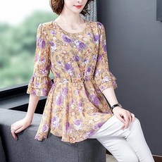 묘먀미 플라워 쉬폰 셔링 롱블라우스 MMM402