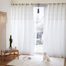 BAZAAR Marry Me 刺繡蕾絲遮光窗簾 2入 + 窗簾綁帶組, 象牙白
