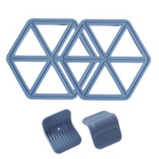 矽膠鍋把隔熱套 2入+多角型隔熱墊 2入, 1套, 藍色