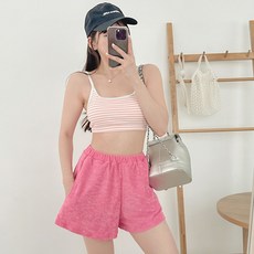 CocoDream 毛圈條紋比基尼 + 短褲三件式毛巾材質泳衣套裝 24189