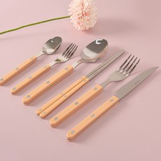 TINNY BLANC Reve 1人份 6件式餐具組, 蜜桃色, 1套, 茶匙 + 茶叉 + 餐匙 + 餐叉 + 餐刀 + 筷子