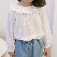 EYOUMONG 兒童基本版型翻領荷葉邊蕾絲長袖襯衫 E6S254
