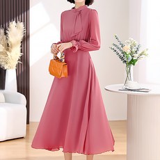 Queenis 女款領結袖口設計感附腰帶連身裙, 粉紅色