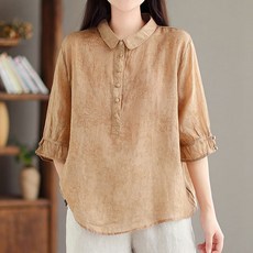 엘쏘 여성용 컬러라인 카라넥 7부 소매 여름 블라우스