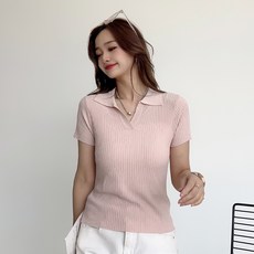 더시럽 여성용 폴로 슬림라인 골지 니트 반팔 티셔츠