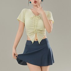 Goodif 女款短袖上衣 + 傘裙兩件式泳裝 58042, 黃色