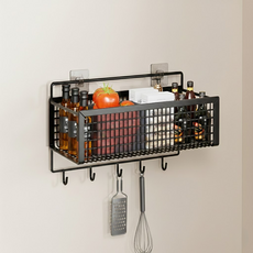 ROI라이프 무펀치 벽걸이 2칸 걸이 후크 녹방지 바구니, 블랙, 1개