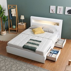 라자가구 플레인 LED 스탠다드 서랍 침대 + 매트리스 방문설치, 화이트