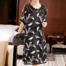 ATTERLIC 樹葉印花網紗雪紡洋裝 00139 含大尺碼, 黑色