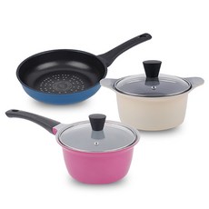 Kitchen-Art Pastel系列優質陶瓷不沾鍋具組, 米色+酒紅色, 雙耳鍋 16cm+單柄鍋 18cm+平底鍋 20cm