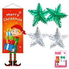 PARTYSHOW 聖誕節橫幅掛軸 禮物盒 + 銀箔雪花吊飾 綠色 2入 + 銀色 2入 套組, 混合顏色, 1個
