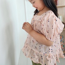 BIENVENU 女童透氣媽媽製拉克蘭方領花朵泡泡袖上衣 3819