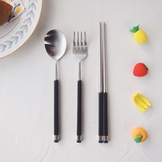 Bogen 孩童雙色金屬湯匙+筷子+叉子, 銀色 黑色, 湯匙+筷子+叉子, 1組