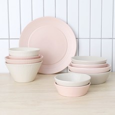 Bloom at home Stricia 2人餐具組 11p, 飯碗 2p + 湯碗 2p + 小菜盤 2p + 中菜盤 2p + 大菜盤 2p + 大盤子, 舊蕾絲色, 迷霧玫瑰色, 1套