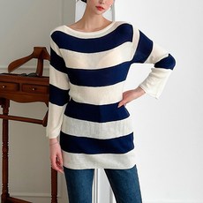 針織 女款 條紋 長版針織衫 Coumarine 船型領
