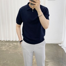 아도르클래식 남성용 반오픈 카라 지퍼 시원한 봄 여름 반팔 니트