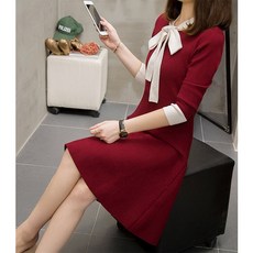 구디프 넥리본 소매배색 긴팔 원피스 빅사이즈 포함