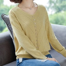 Paperments 女款簡約V領鈕扣點綴針織長袖毛衣 13803