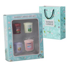 YANKee CANDLe 祈願燭 4入 + 透明燭台 禮品組 + 提袋, 混合色, 黑櫻桃, 潔淨棉, 檸檬薰衣草, 粉紅沙灘