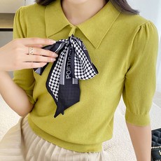 더시럽 여성용 포인트 스카프 퍼프 소매 반팔 니트