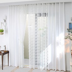 NASANDECO 雪紡刺繡蕾絲窗簾 + 亞麻窗簾 + 綁帶套組, 刺繡窗簾(白色), 亞麻窗簾(雪白色), 綁帶(隨機出貨)