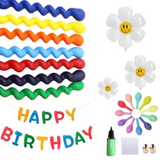 MINITTINE 加厚螺旋造型魔術 + 馬卡龍氣球 2.6g x 50入 + 微笑花朵3款 + 毛氈Happy Birthday掛旗 + 打氣筒組合, 隨機出貨(魔術), 隨機出貨(打氣筒), 1套
