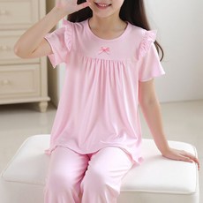 woojooi 女童低年級蝴蝶結莫代爾學生短袖家居服上下套裝